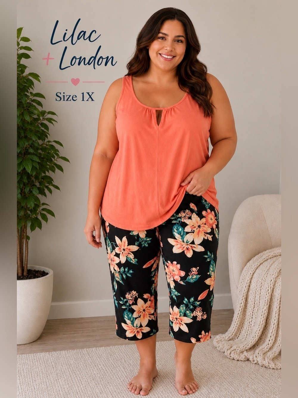 Lilac + London Coral Floral Pajama Lounge Set Size 1X NWT